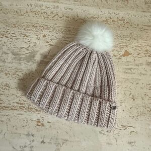 UpWest knit flannel lined pompom beanie in Rose blush Cold weather extra warmth